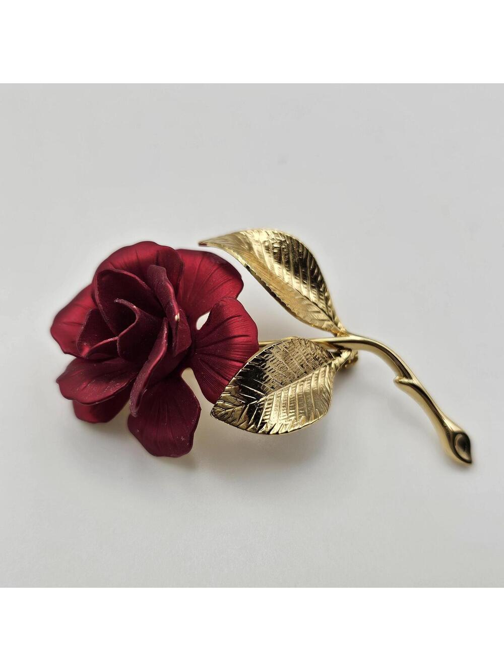 Vintage Cerrito Red Rose Brooch Gold Tone Enamel Floral Pin - Picture 2 of 9